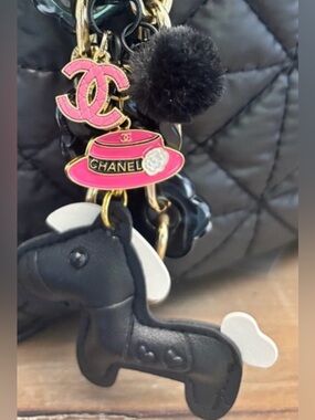 CHANEL Hot Pink Charms, 
Horse Bag Charm, Black Horse , 7 inches. Upcycled.